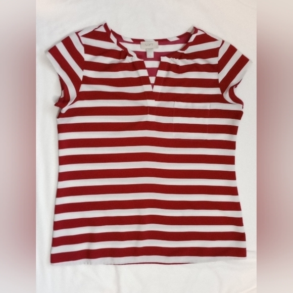 Loft Womens Top Sz M Red White Striped Beachy Summer V Neck Lightweight Office - Picture 8 of 10